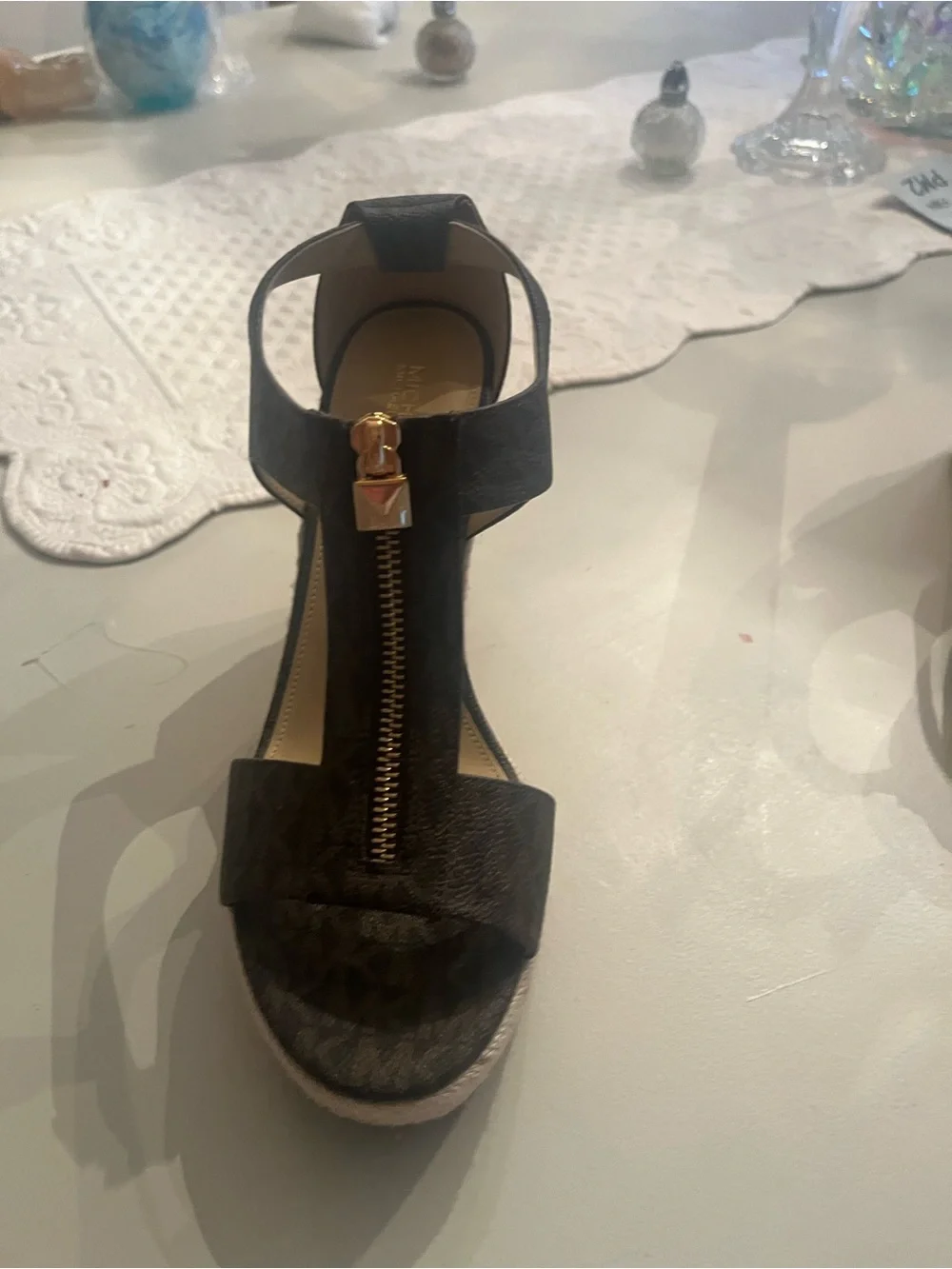 Michael Kors Dark Brown Logo Wedge Sandals with Gold Zipper Accent